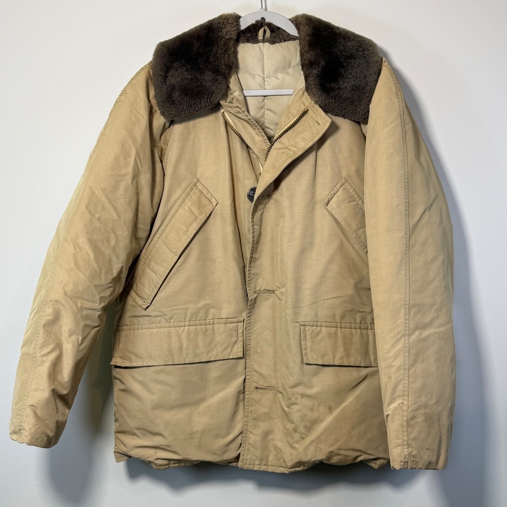Vintage 1960s Eddie Bauer Down Parka Men M Tan Faux Fur Collar Puffer Jacket SEE